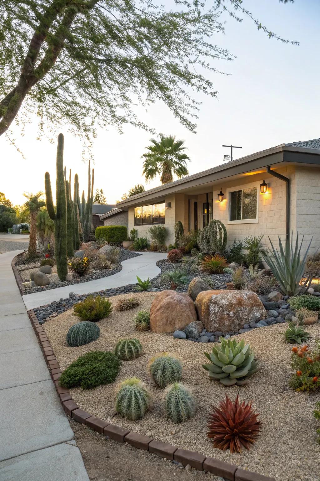 A drought-resistant oasis using decomposed granite and succulents.