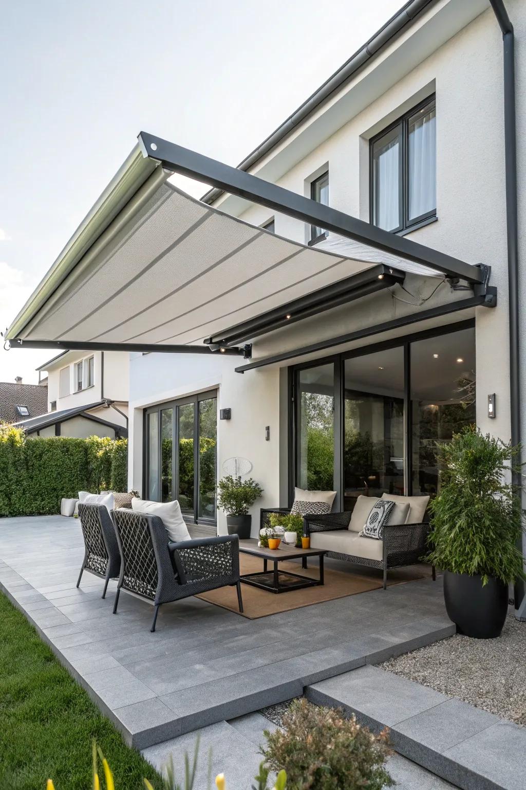 Retractable awnings offer flexibility and style for changing weather conditions.