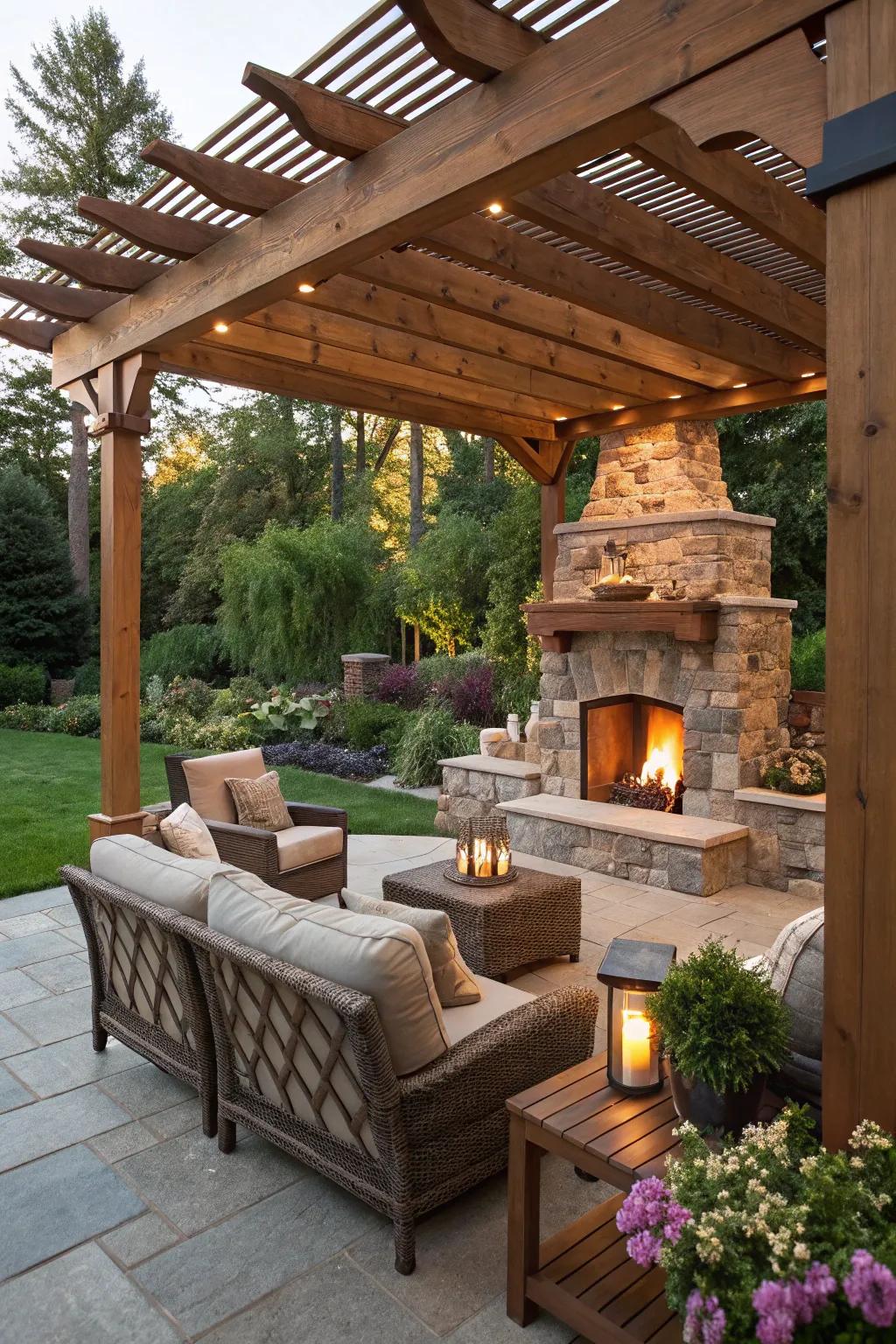 A built-in fireplace creates a warm and inviting atmosphere on your patio.