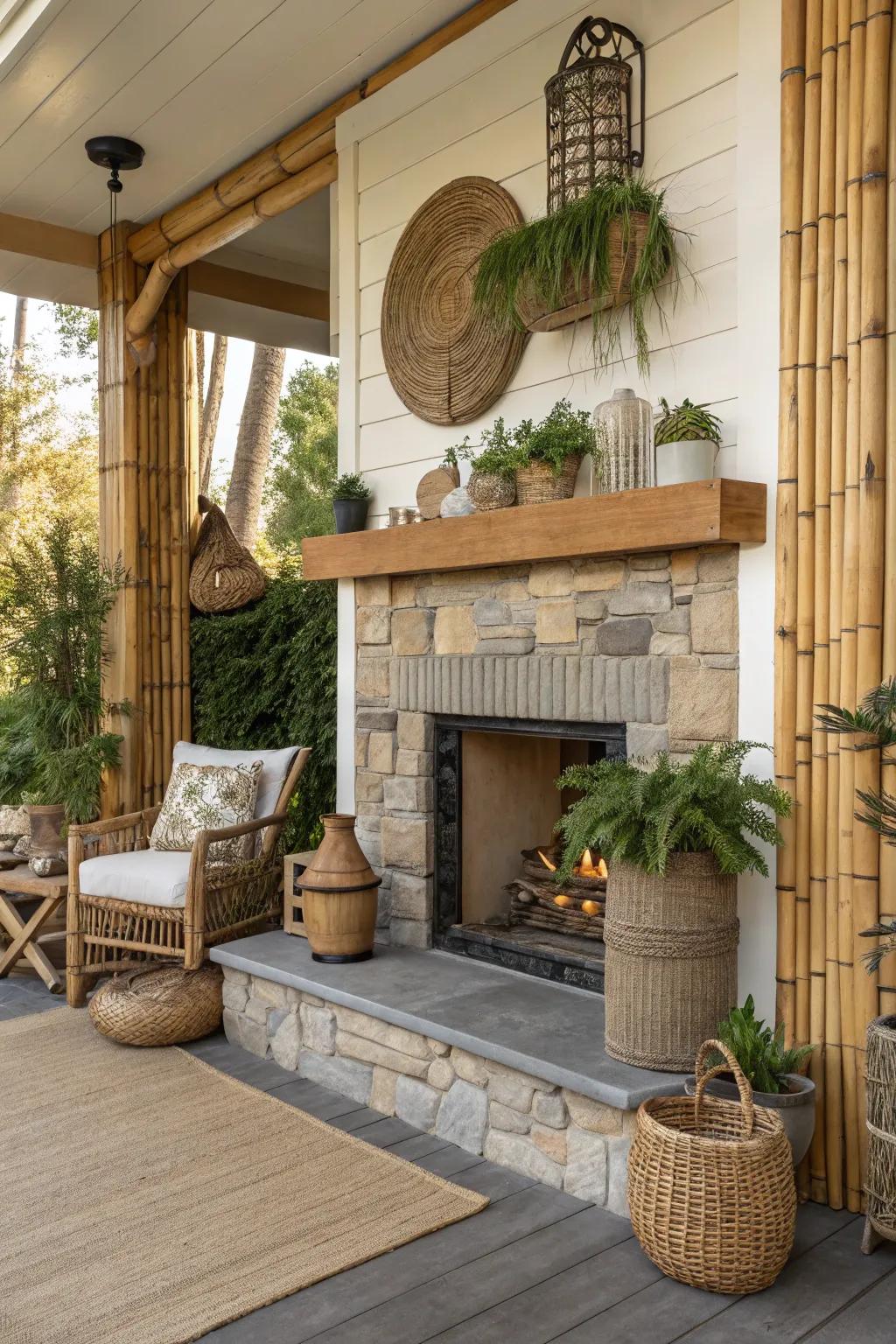 Incorporate eco-friendly bamboo accents around your porch fireplace.