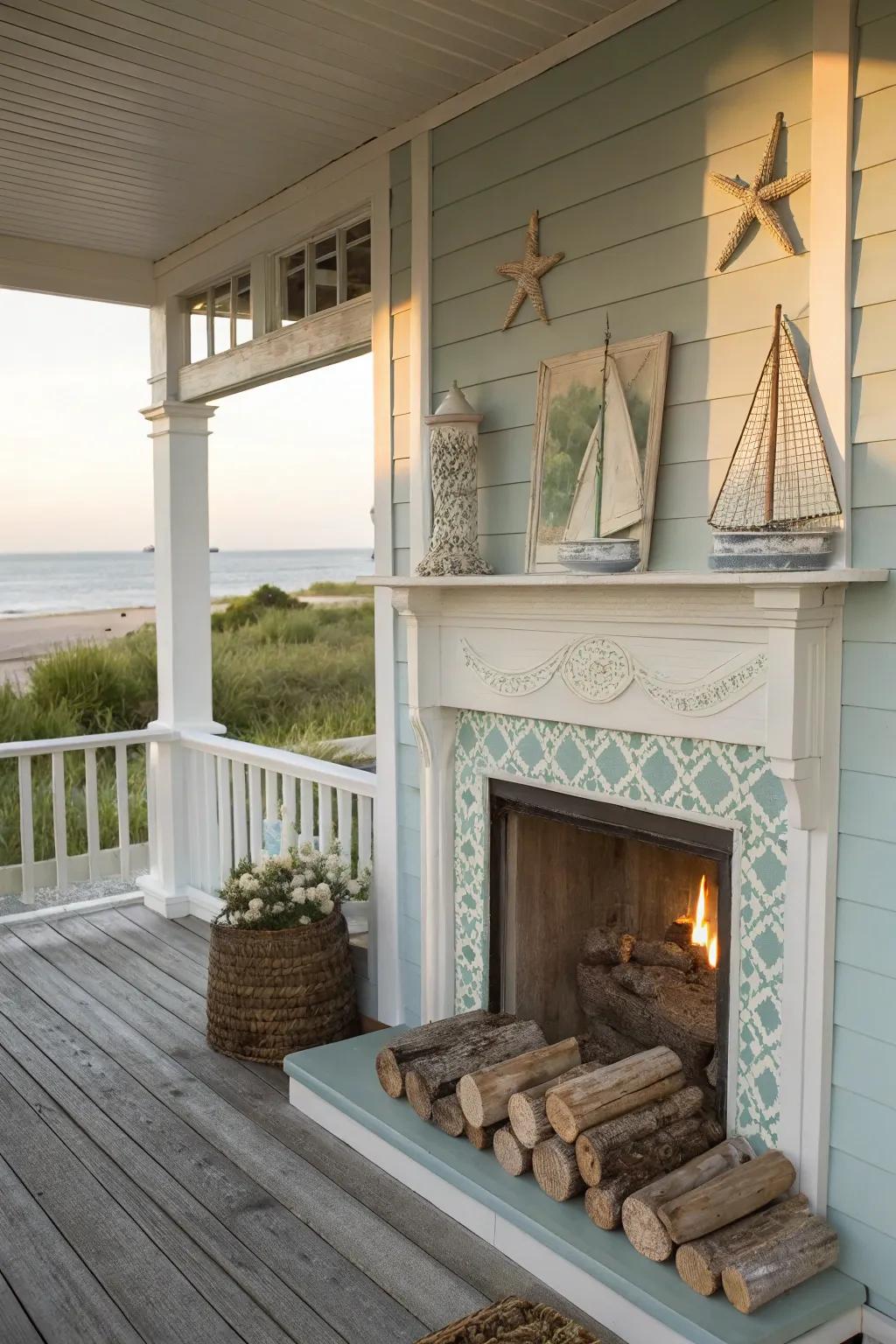 Feel the coastal breeze with a beachy-themed fireplace.