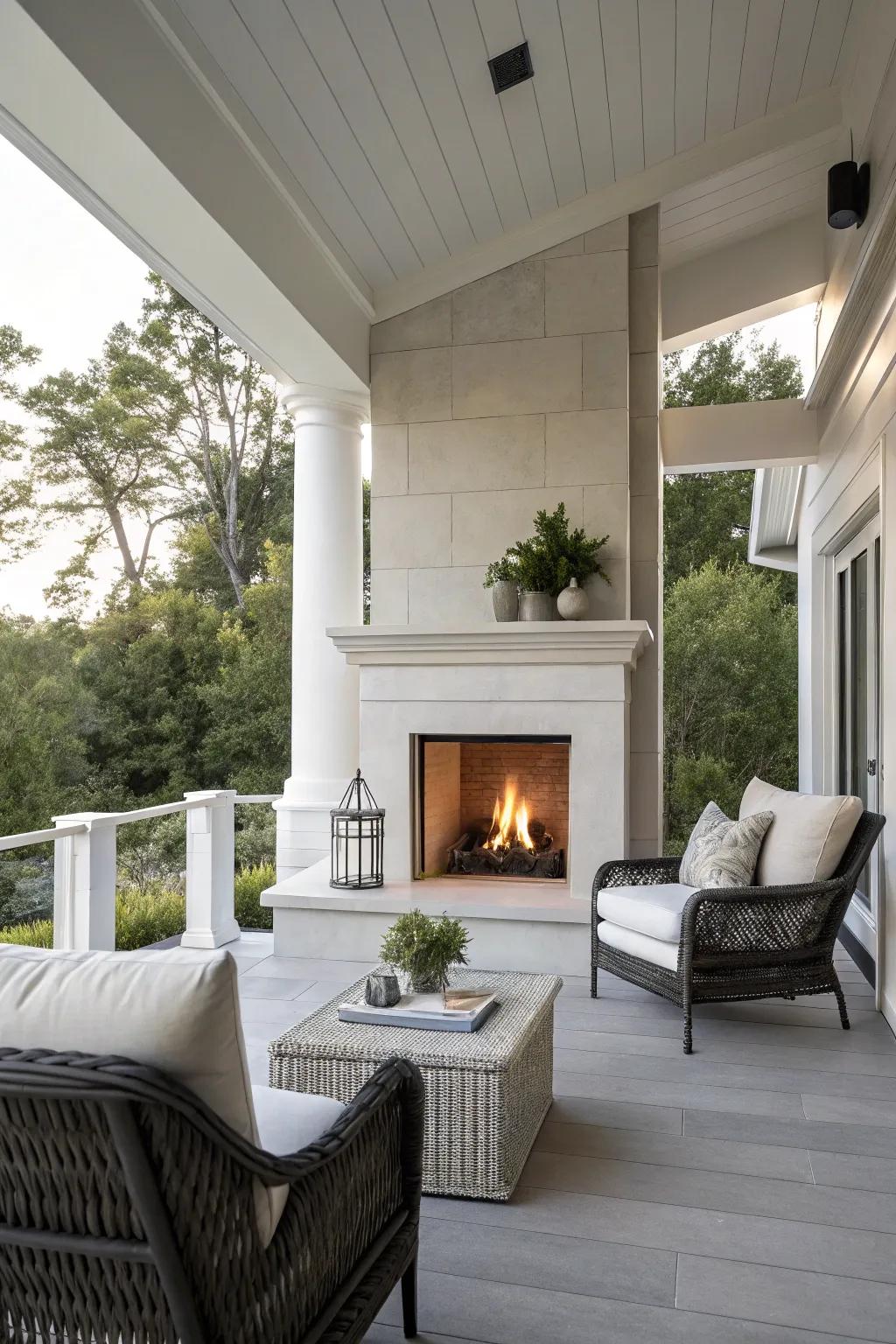 Embrace simplicity with a modern minimalist porch fireplace.