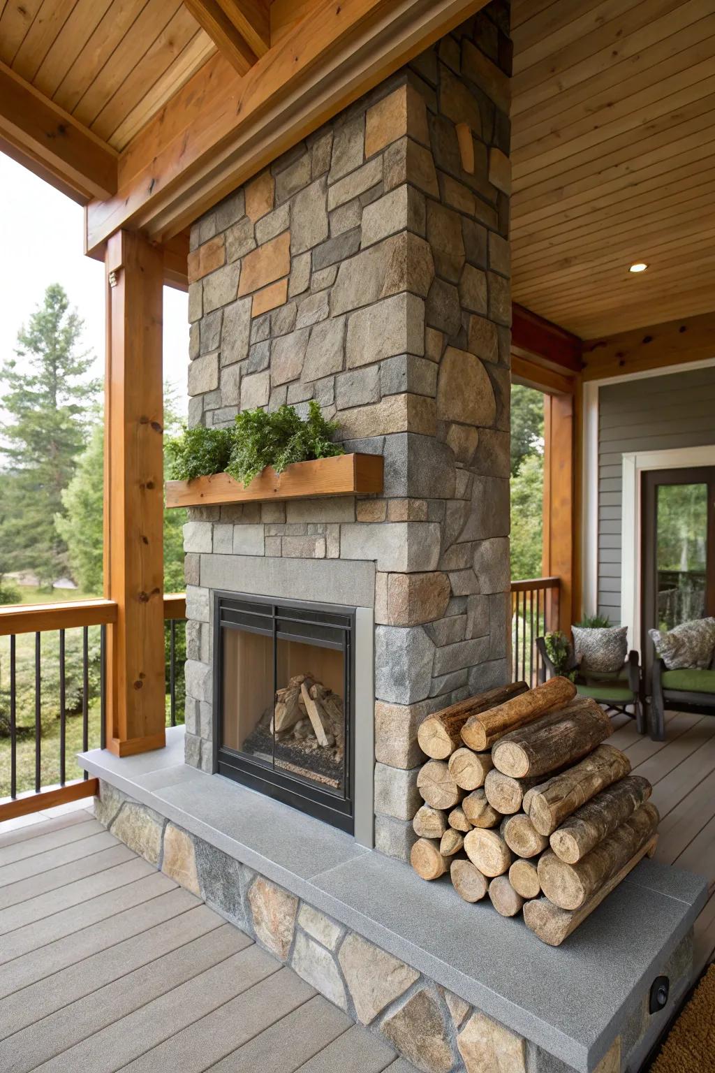 Balance your porch with a wood and stone fireplace fusion.