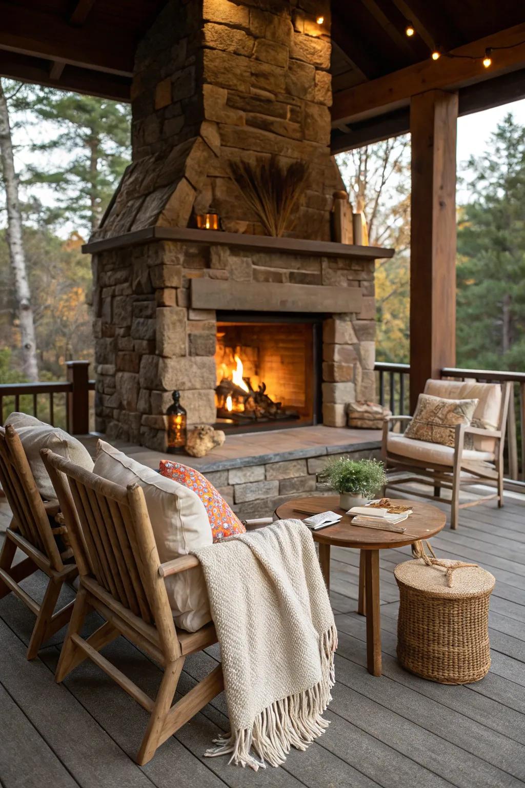 A rustic stone fireplace adds timeless charm to any porch.