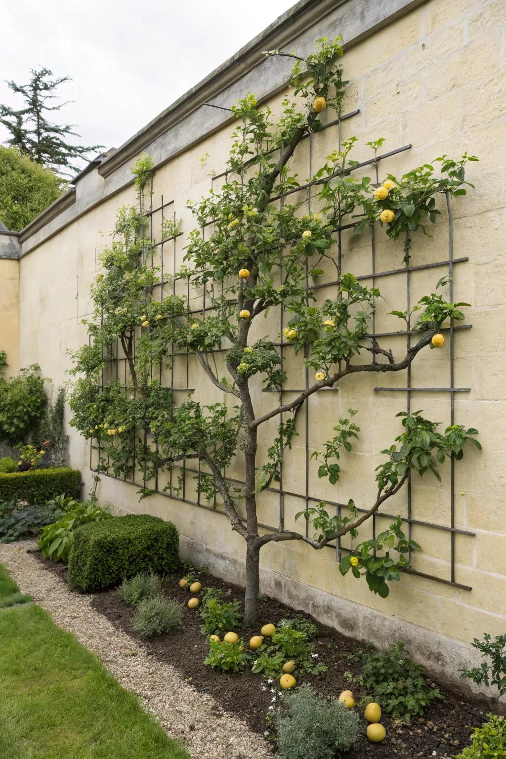 Create vertical interest with espaliered fruit trees.