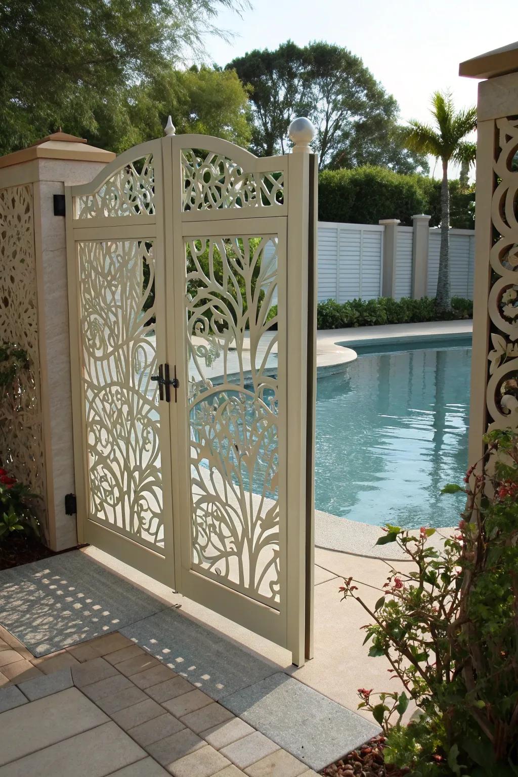 Decorative gates add a welcoming touch to vinyl fences.