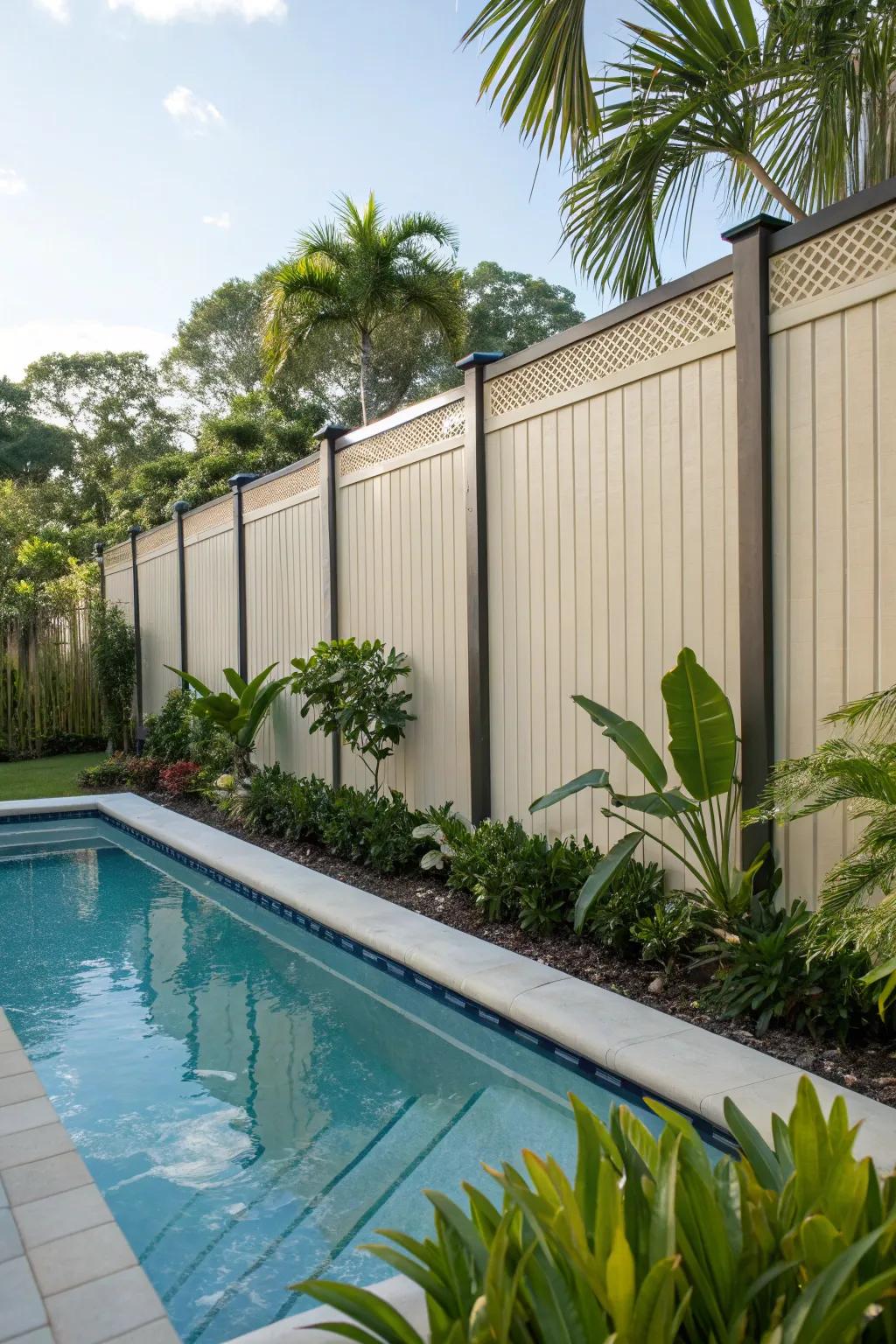 Tall privacy panels provide a secluded poolside retreat.