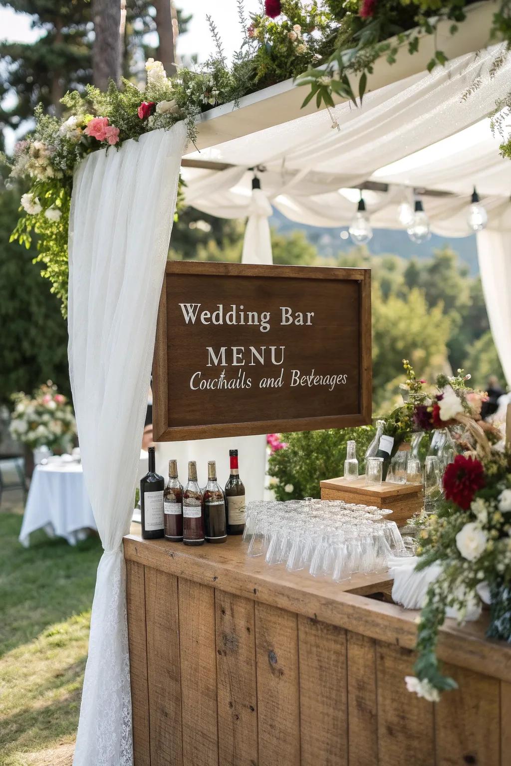 A personalized bar menu guides guests and enhances decor.