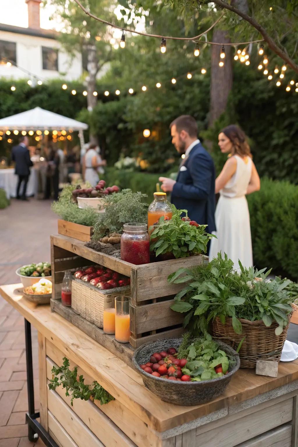 An interactive garnish station invites guests to customize their drinks.
