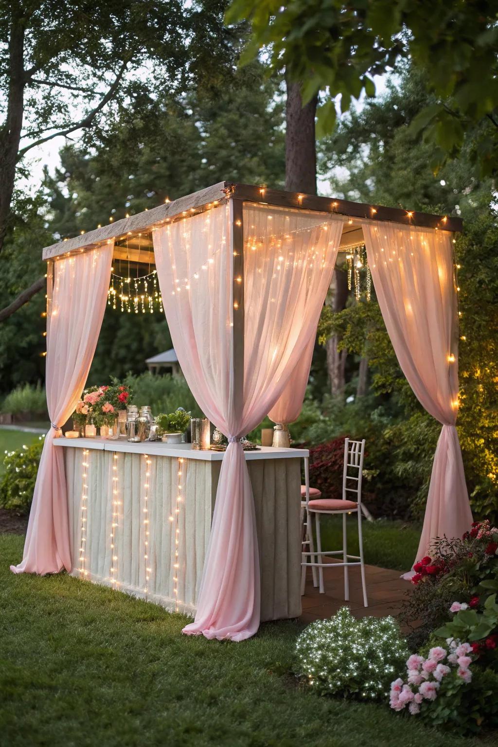 A whimsical canopy bar adds magic and shade.