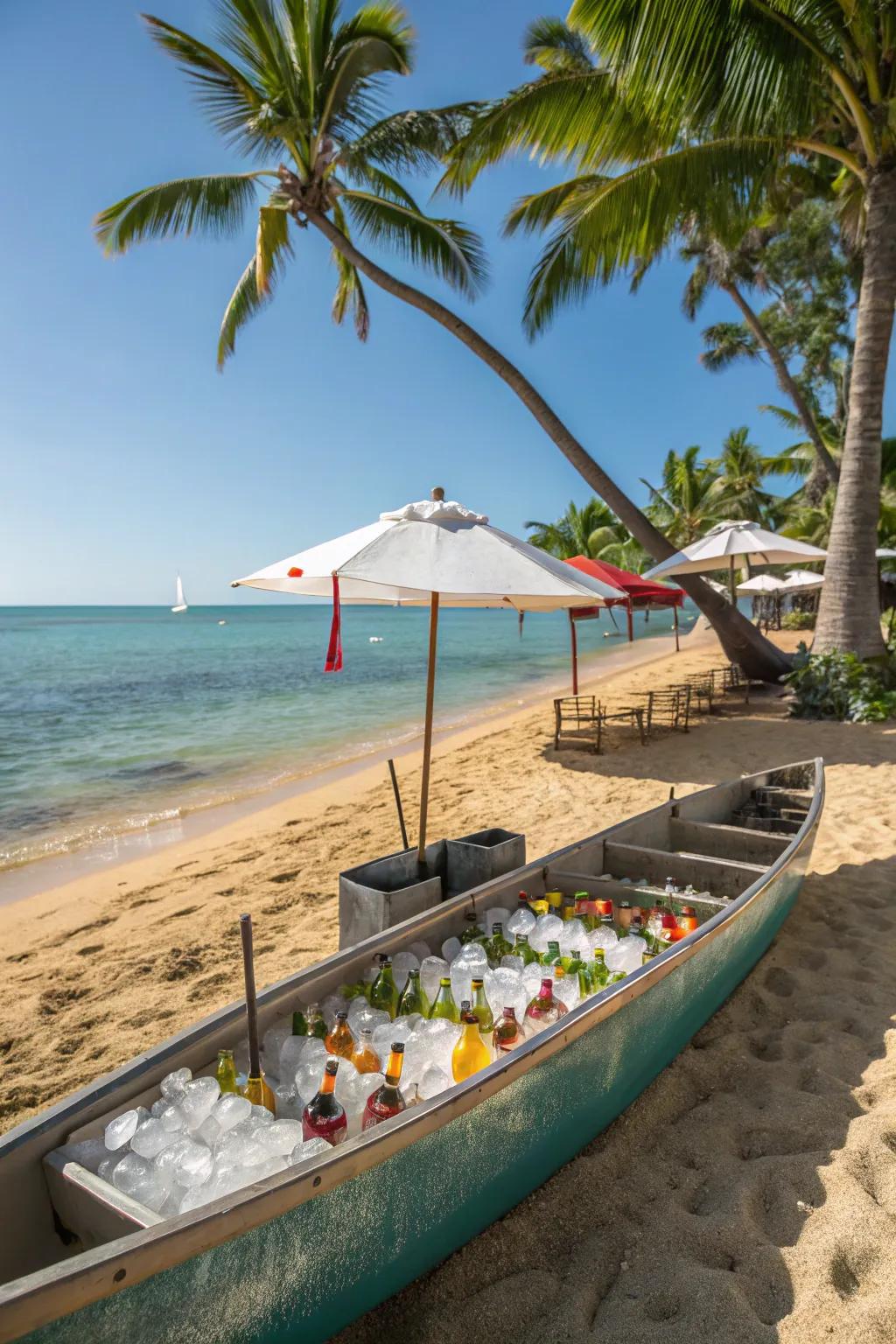 A canoe bar is a fun, beachy twist for seaside weddings.