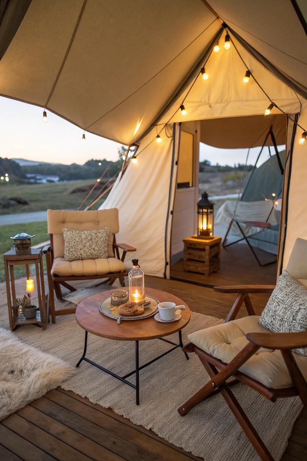Relax and unwind in a stylish seating area during your glamping getaway.