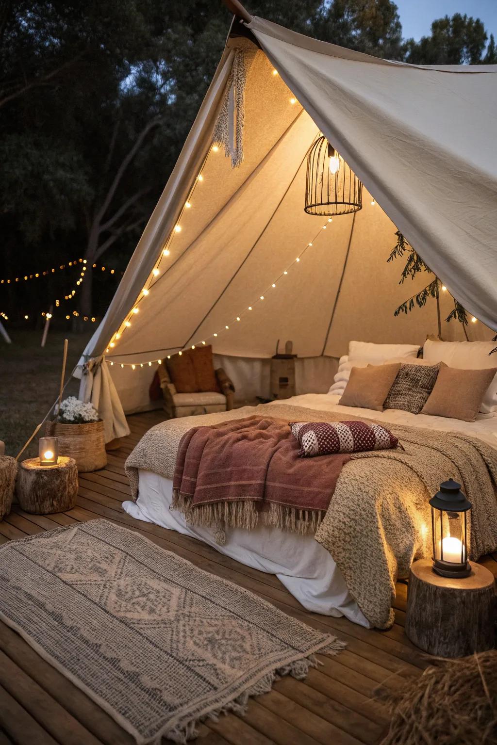 Transform your glamping tent into a cozy haven with luxurious bedding.