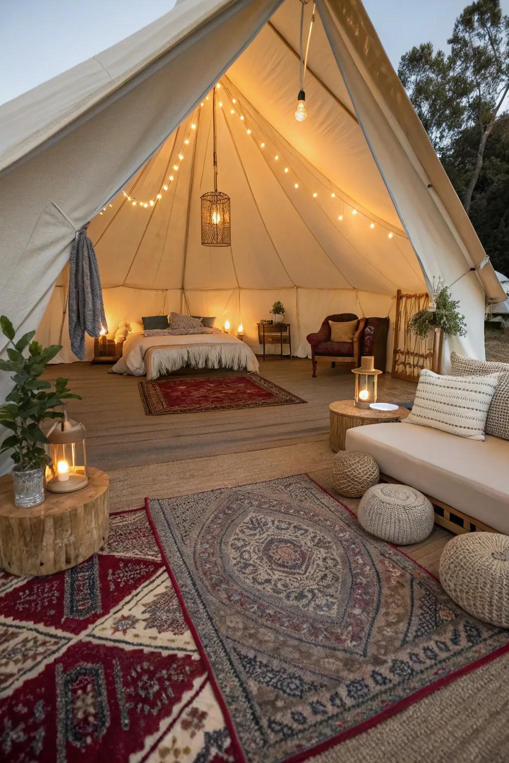 Enhance comfort and style with soft rugs in your glamping tent.