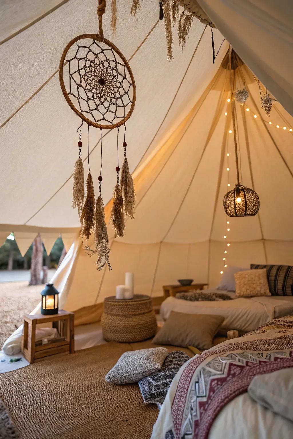 Add a bohemian touch with a beautiful dream catcher in your tent.