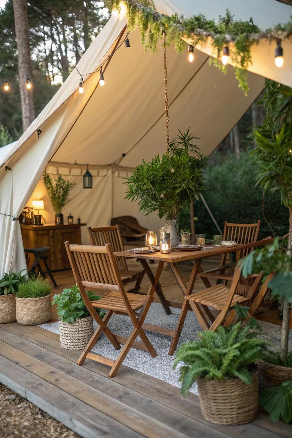 Bring nature into your glamping experience with wooden furniture and greenery.