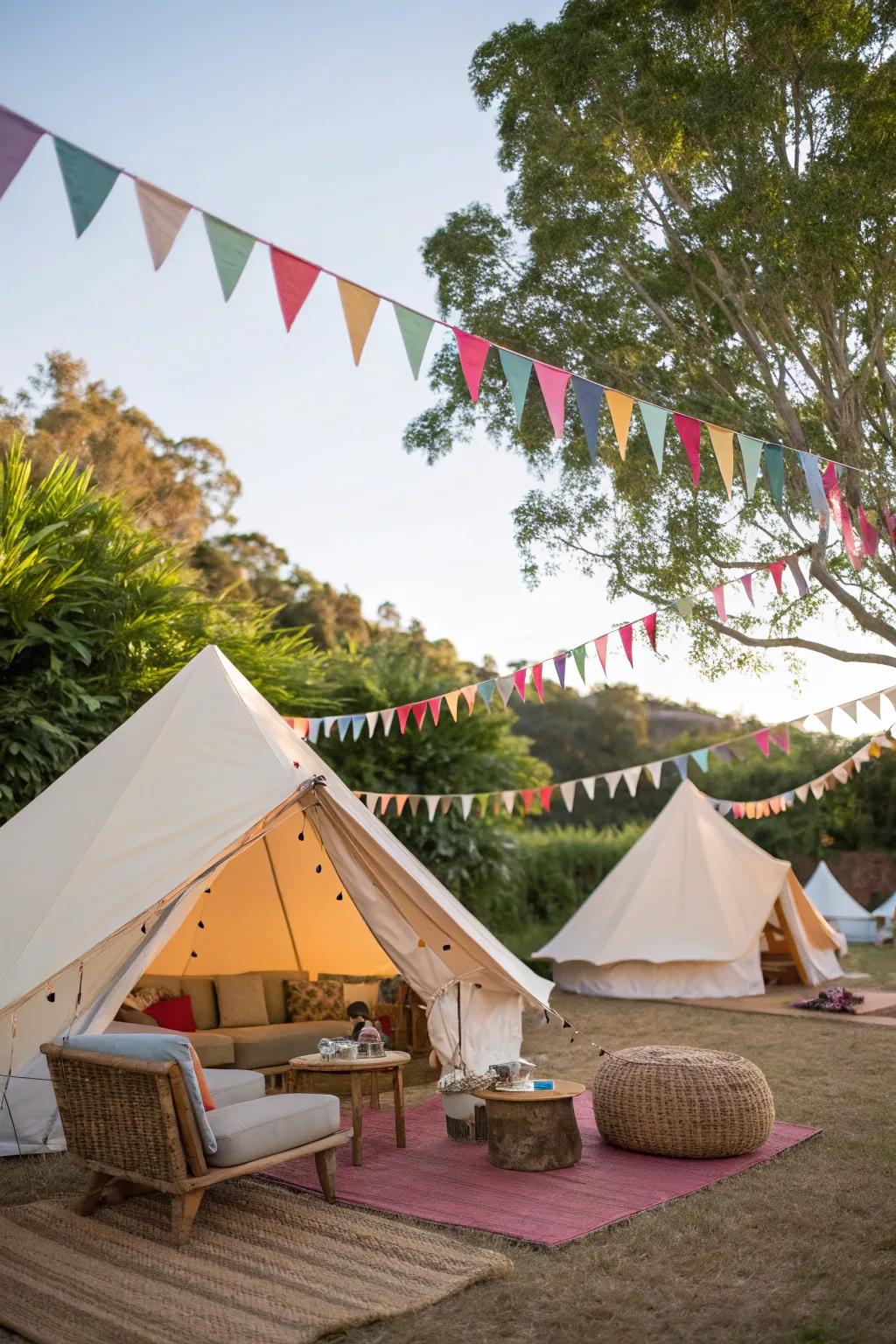 Add a playful vibe with colorful triangle flags at your glamping site.