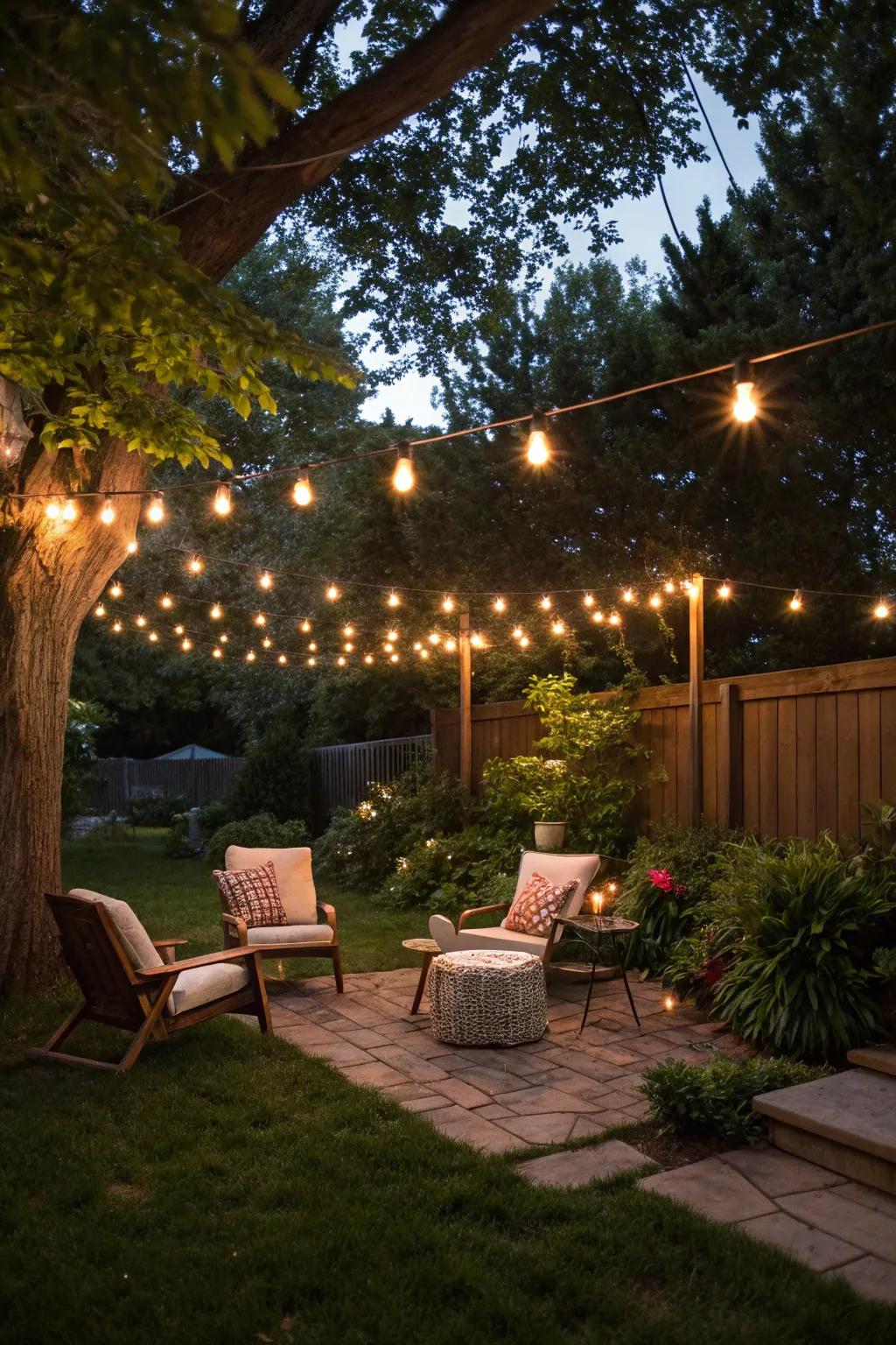 Ambient lighting creates a magical atmosphere in outdoor settings.