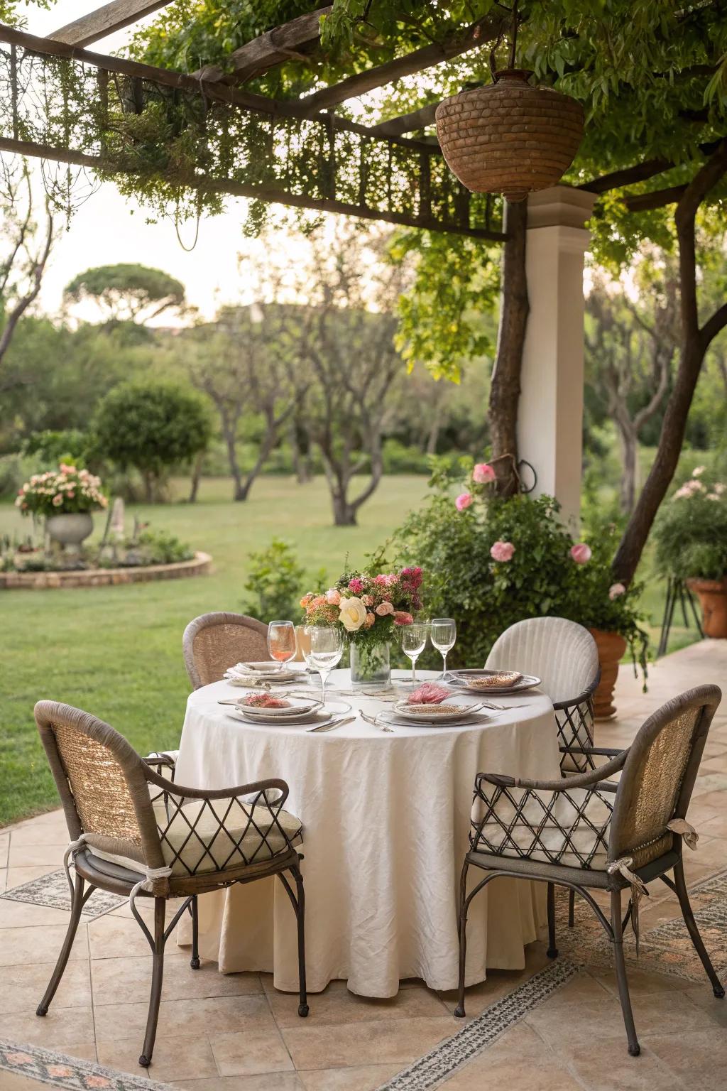 A dining area invites alfresco meals and gatherings in your garden.