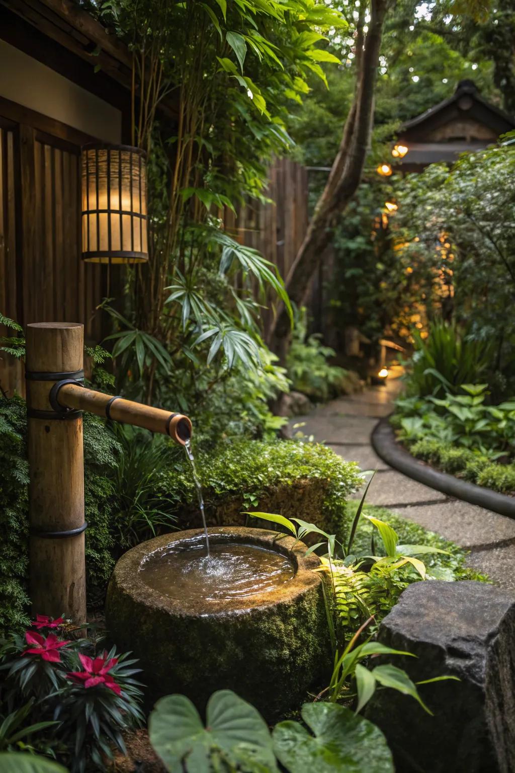 Water features add tranquility and charm to outdoor settings.