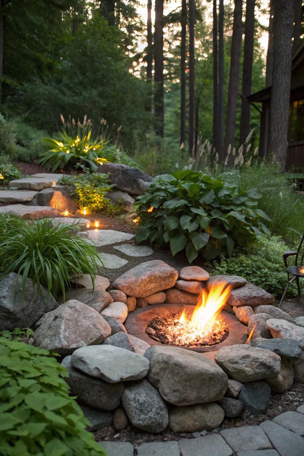 Achieve a harmonious look with a natural river rock fire pit.