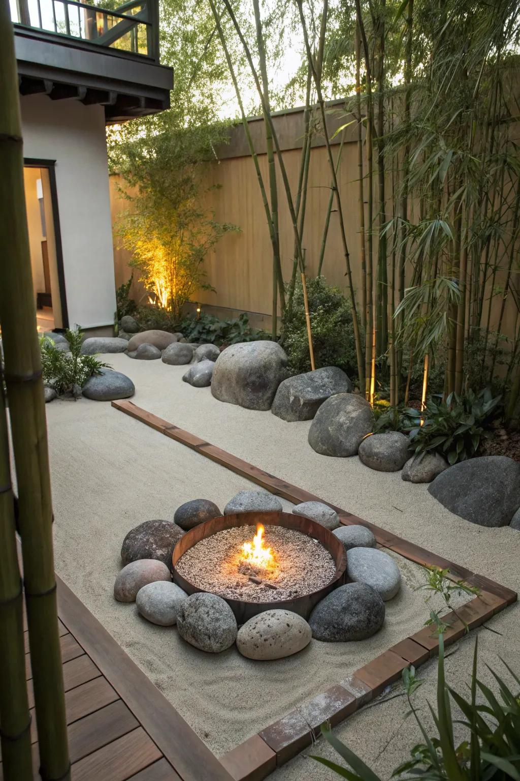 A Zen retreat with a fire pit offers tranquility and balance.