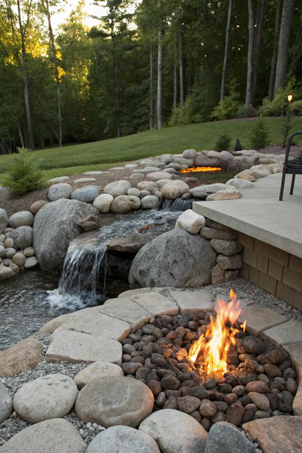 A nearby water feature offers a soothing contrast to the fiery ambiance.