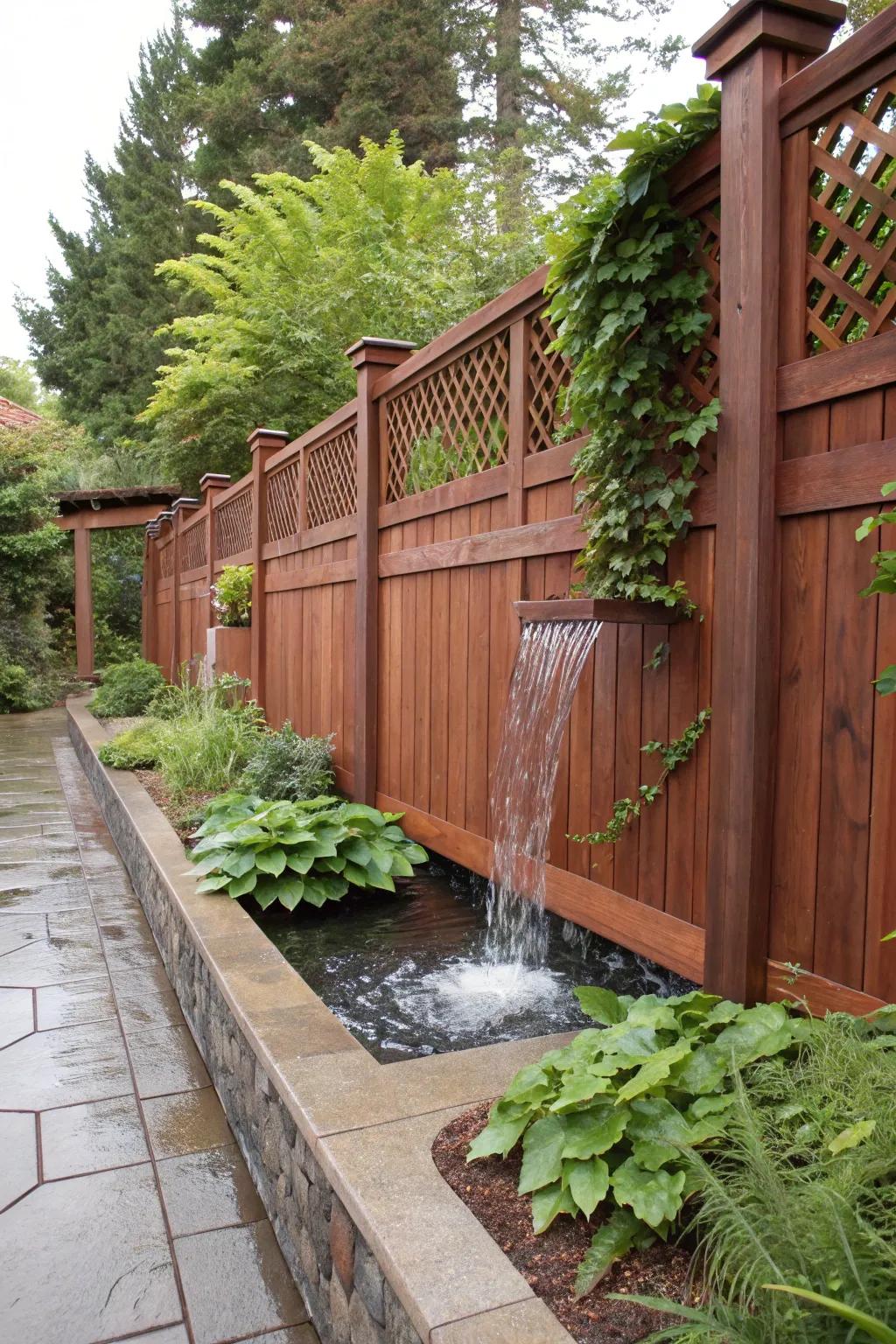Water features paired with redwood fences create tranquil oases