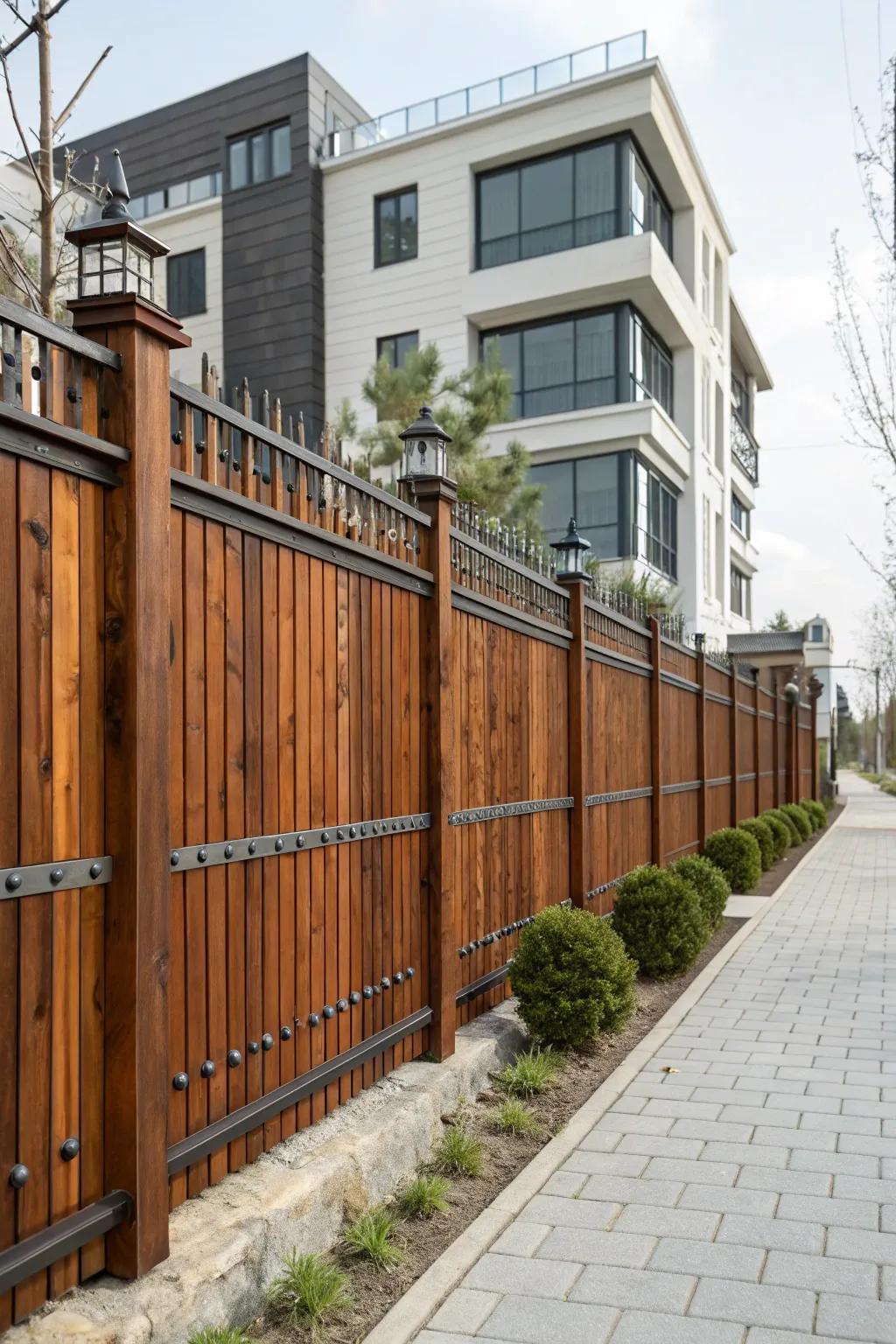 Metal accents give redwood fences a sleek, modern twist