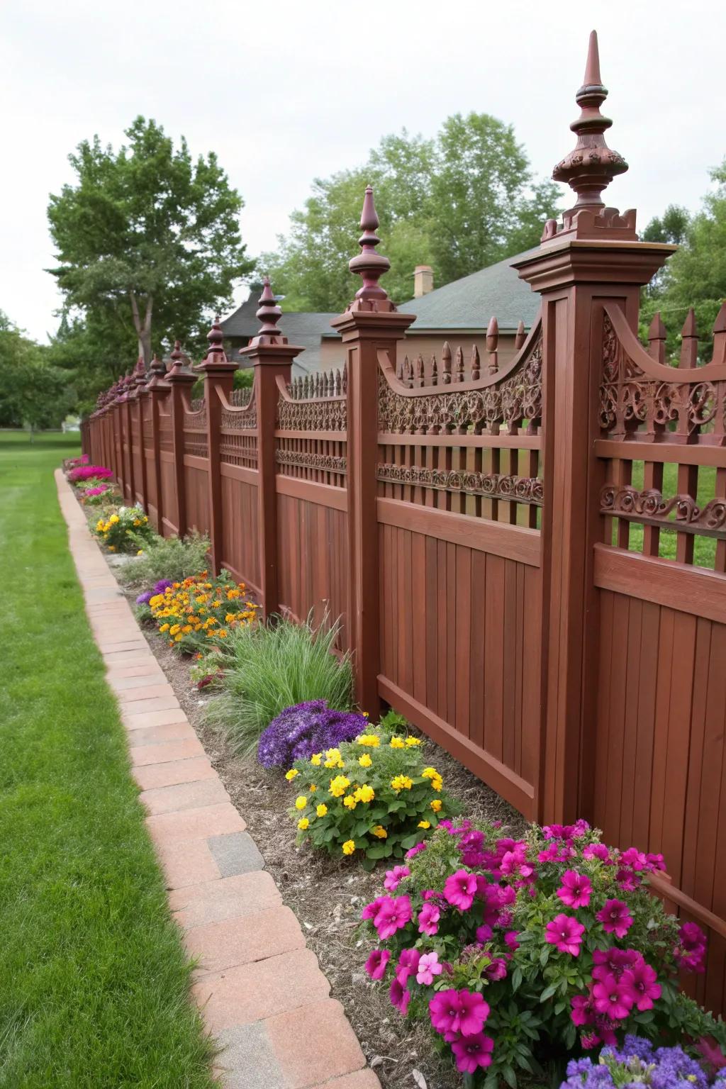 Decorative elements enhance the aesthetic appeal of redwood fences