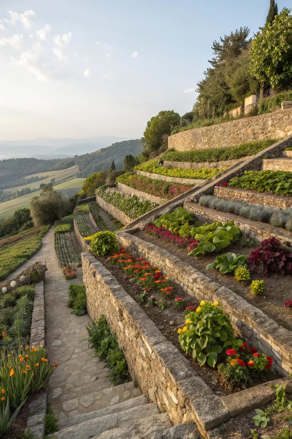 Terraced gardens can transform slopes into functional and beautiful spaces.