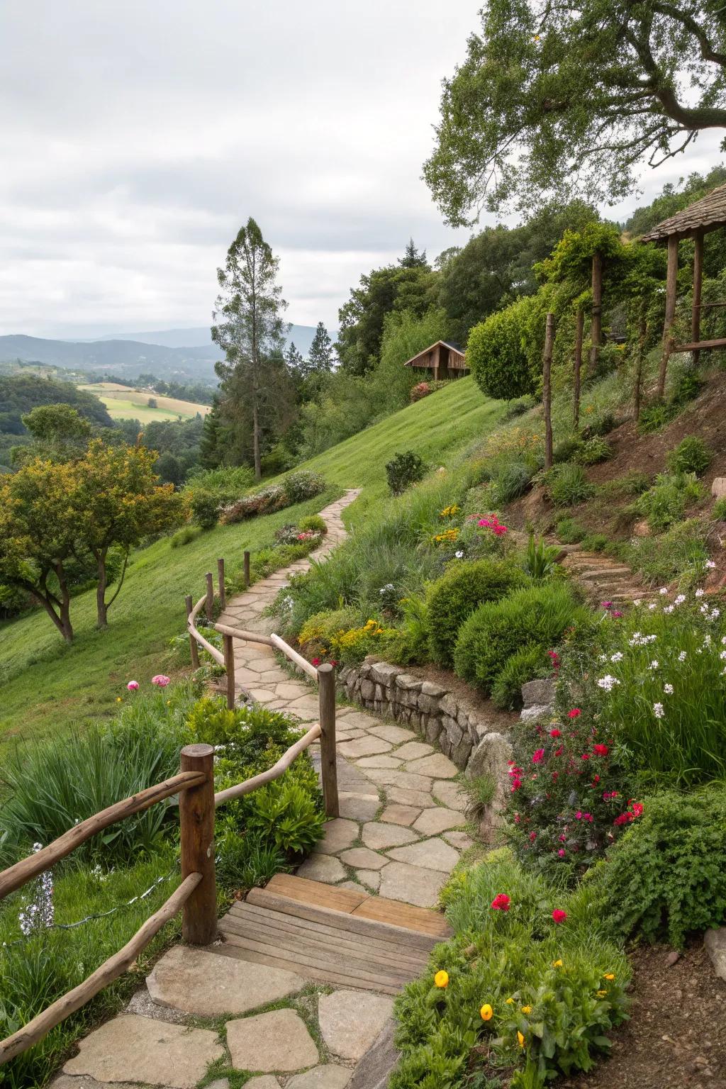 Organic shapes and materials create a harmonious hillside landscape.