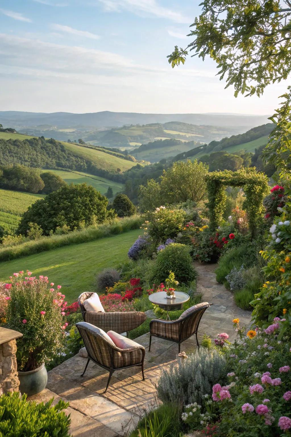 A seating area nestled into the hillside offers a perfect retreat.