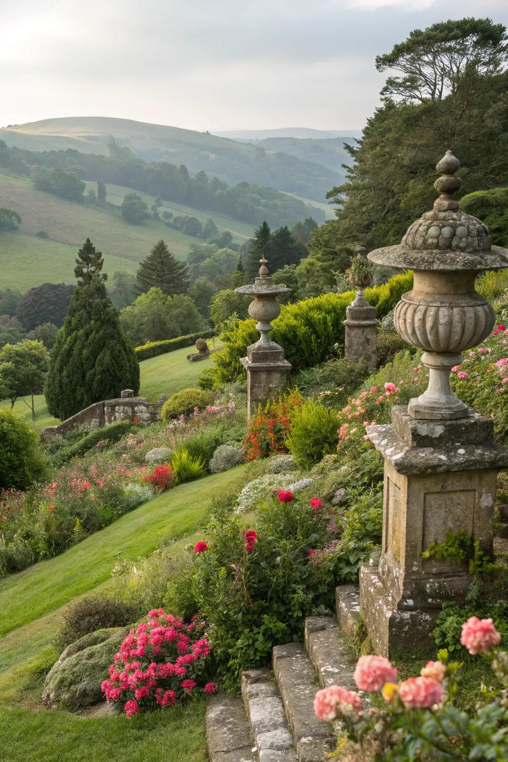 Stone sculptures add character and focal points to hillside gardens.