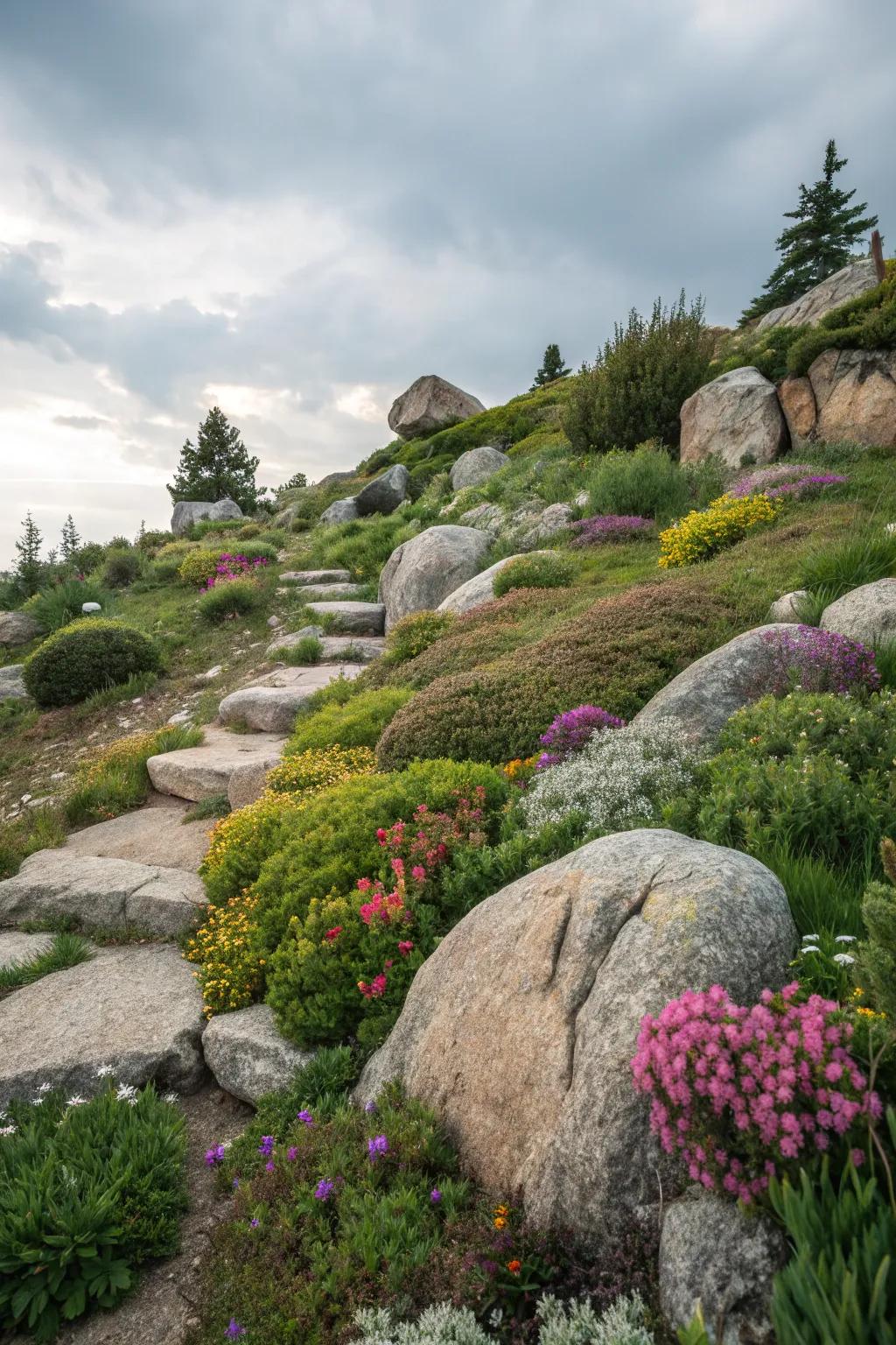 Rock gardens offer a natural and stable solution for slopes.