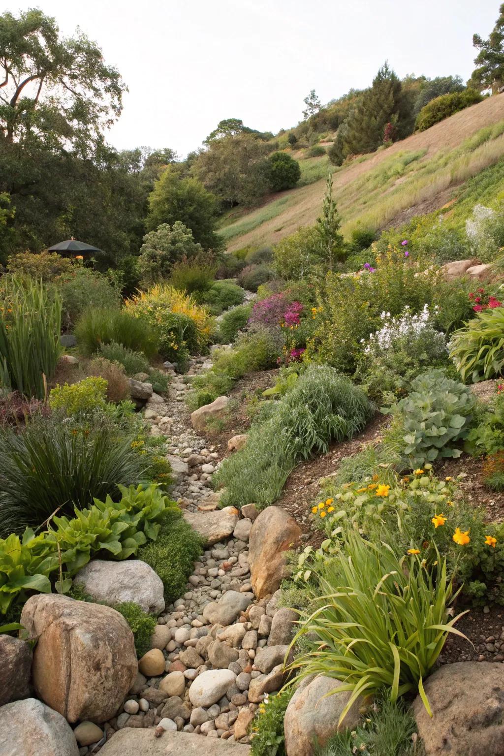 Dry creek beds offer aesthetic solutions for drainage issues.