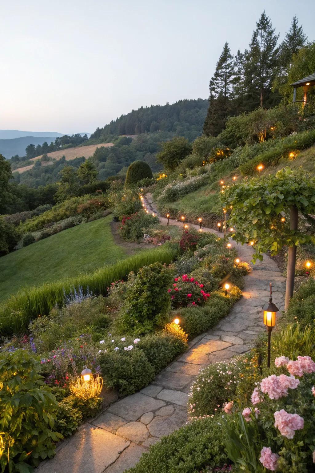 Lighting enhances the beauty and safety of hillside gardens at night.