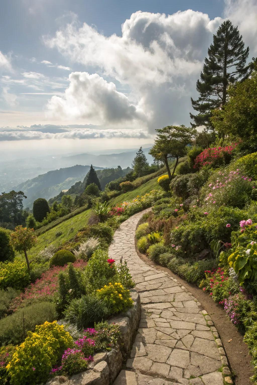 A stone pathway elegantly winds through the hillside garden.