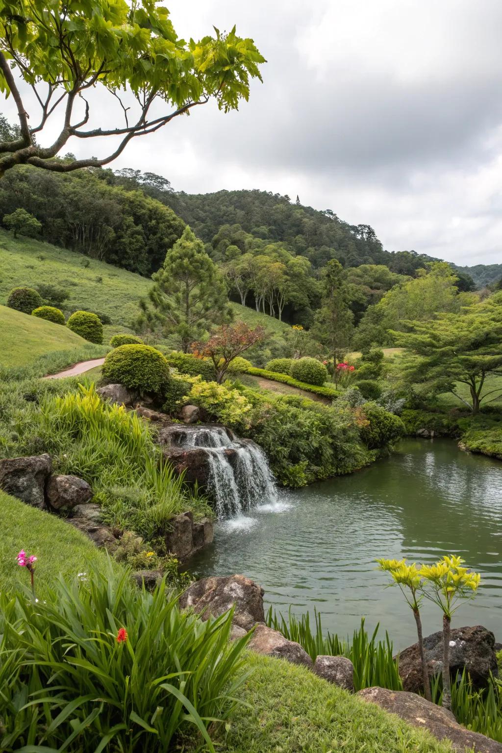 Water features add tranquility and a focal point to hillside gardens.