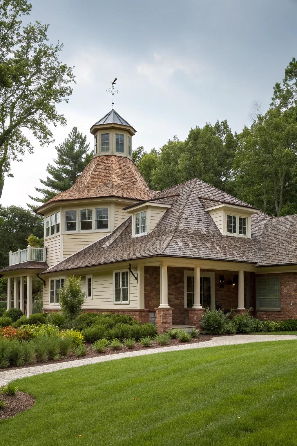 Shingle roofing creates a seamless look for this cupola.