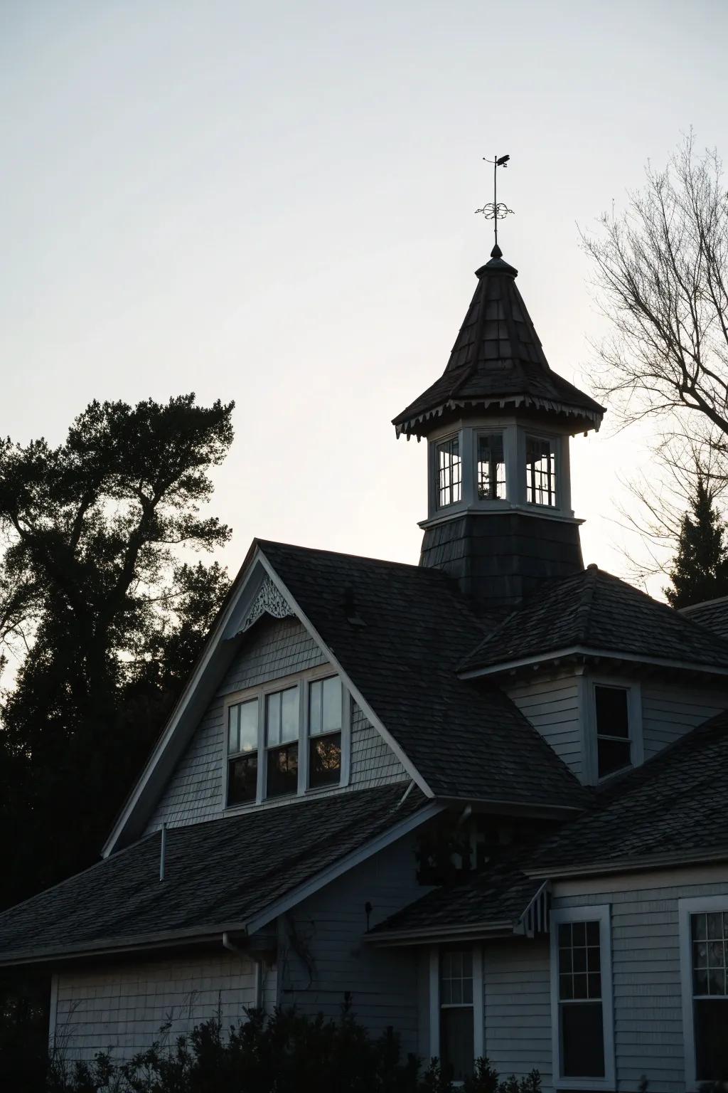 A steep-pitched cupola adds drama and height.