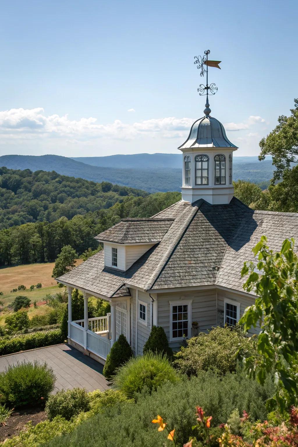 A weather vane adds whimsy and function to the cupola.