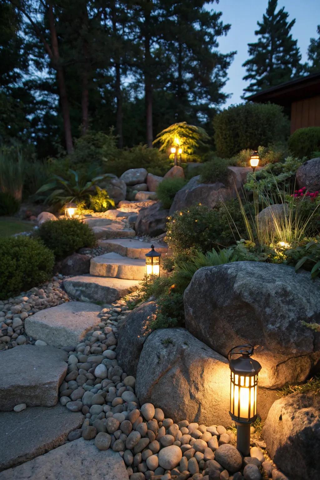 Garden lighting adding evening charm to the rockery.