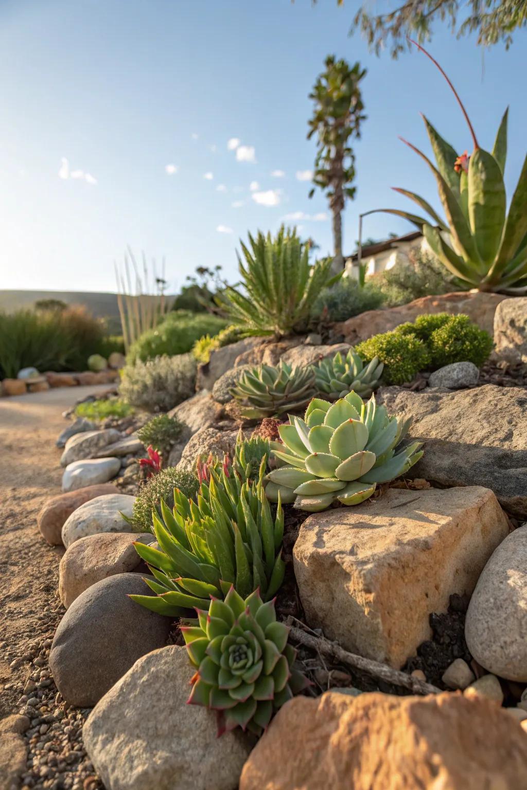 Succulents bring texture and resilience to the rockery.