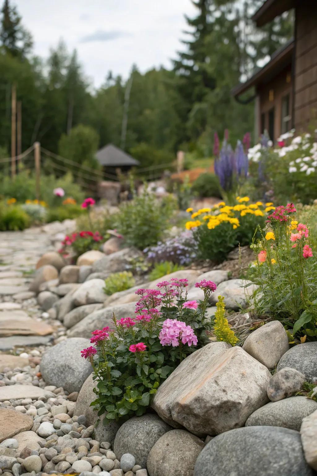 Colorful flowers adding charm to the rockery.