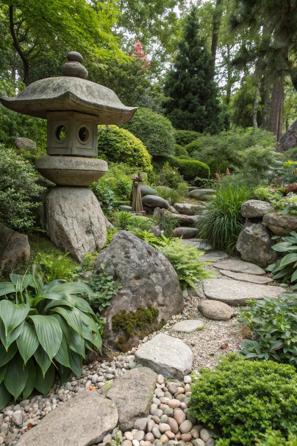 Artistic stone sculptures adding a creative touch.