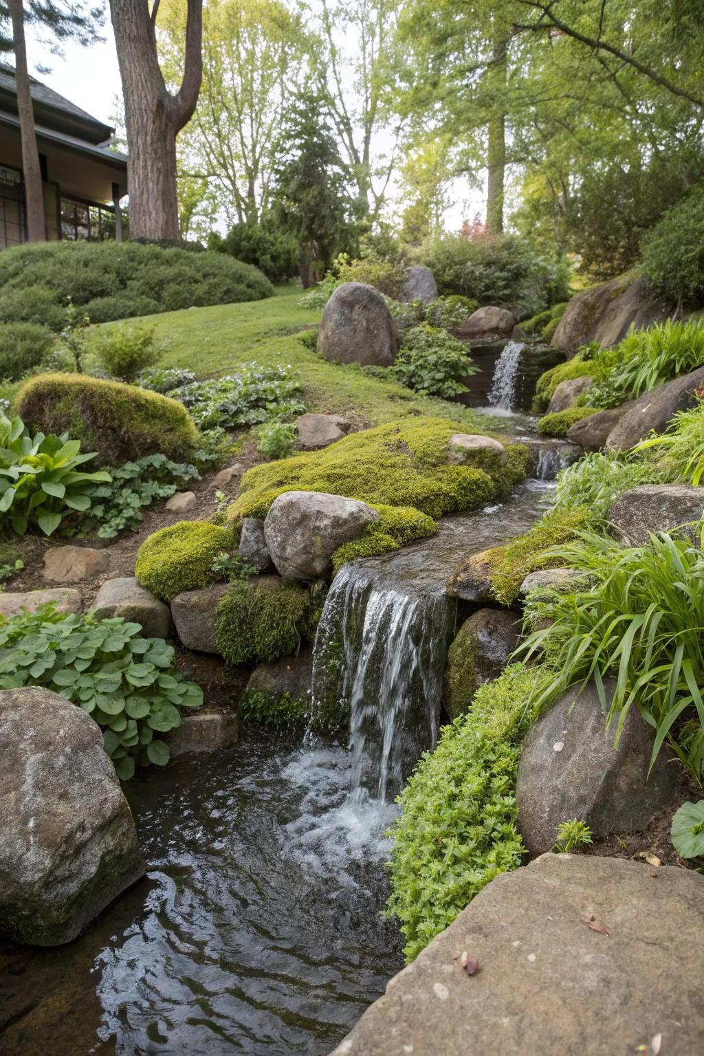 A calming water feature enhancing the rock garden.
