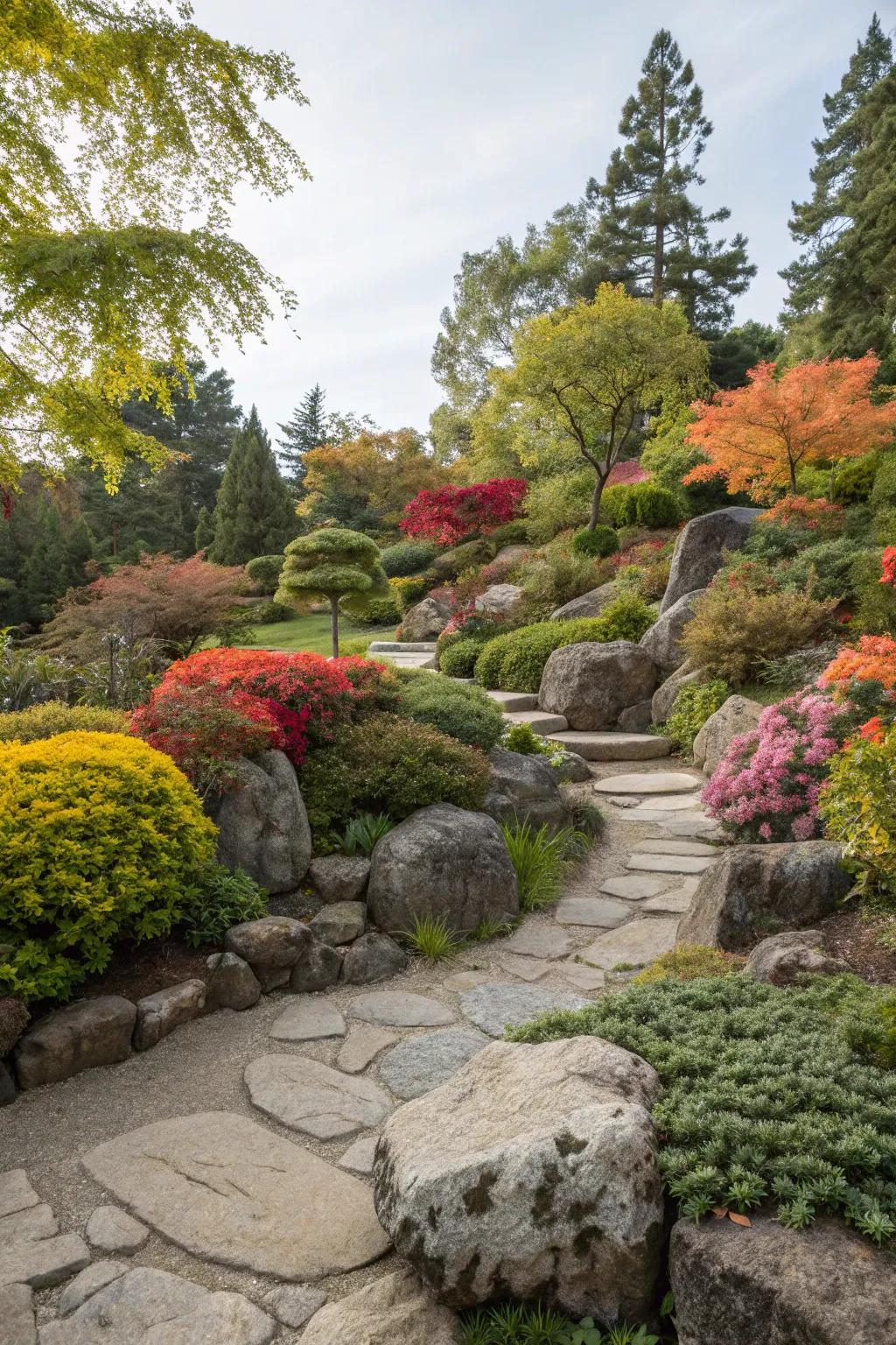 Colorful foliage providing a vibrant look to the rockery.