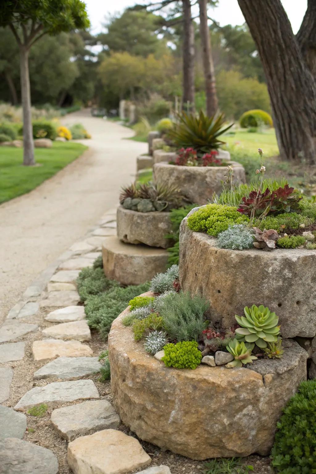 Vertical rock planters providing a unique garden feature.