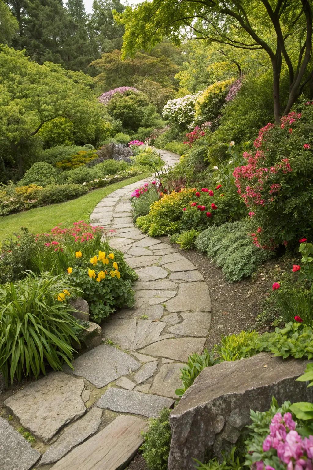 Curved pathways create inviting routes through the garden.